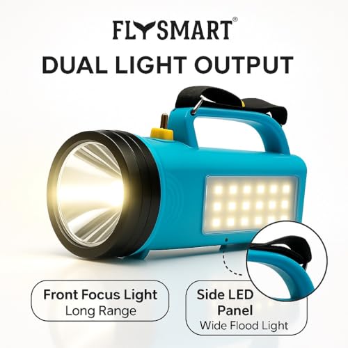 Image of Flysmart Bullet Dau Long Range LED Searchlight, Heavy Duty Emergency Torch with Powerful Focus Beam, Front Spotlight + Side LED Light, Free Flora AA Torch
