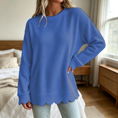 Crew Neck Sweatshirts Women Waffle Oversized Cute Scalloped Sweatshirt - image 3