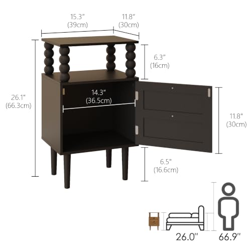 Image of Nightstand with Storage Drawer and Open Wood Shelf,Solid Wood Legs (Black) | Mid-Century Modern Bedside Table for Bedroom and Small Spaces,Easy Assembly