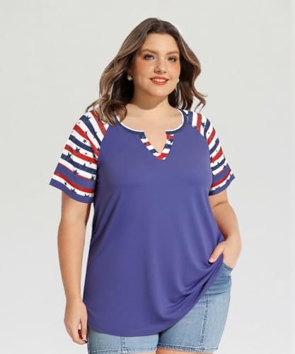 Image of CARCOS Plus Size Tops for Women Short Sleeve Summer Pullover Color Block Crewneck /V Neck Tee Tunic Loose Fit Tshirts XL-5XL