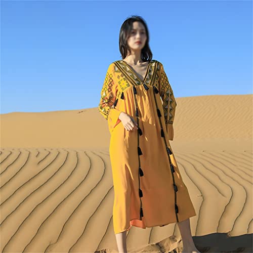 Beach Dresses National Embroidery Travel Wear Vintage Beach Skirt Loose Seaside Holiday Skirt Bikini(Large)