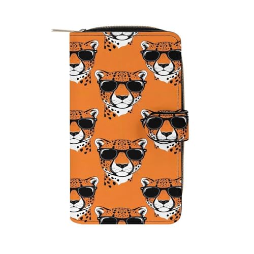 SEBNATAL Fashion Leather Wallet for Daily Use, Zipper Closure Long Purse, Adults Large Capacity Funny Sunglasses Cheetah Leopard Print Card Holder