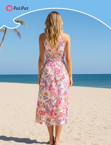 Image of PATPAT Family Hawaiian Matching Outfits - Mommy and Me Vacation Outfits | Halter Sundresses and Button Down Shirts,Caribbean Vacation Summer Tropical Outfits,Hawaiian Boho Tropical Floral Printed