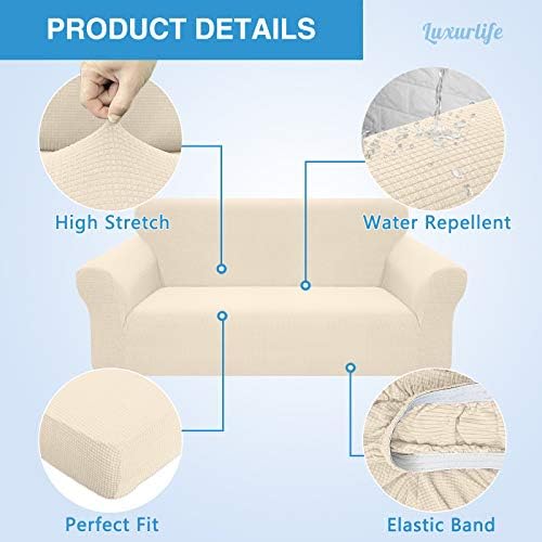 Luxurlife 1 Piece Water Repellent Couch Cover for 3 Seater Couch High Stretch Sofa Cover Slipcover Non Slip Furniture Protector with Elastic Bottom for Kids Pets(3 Seater,Beige)