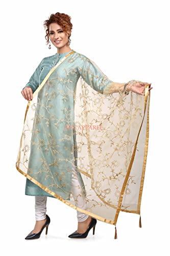 Image of ZEN APPAREL Women's Embroidered Net Dupatta with Lace Borders (Z-101) Premium Net Fabric Golden Aari Work