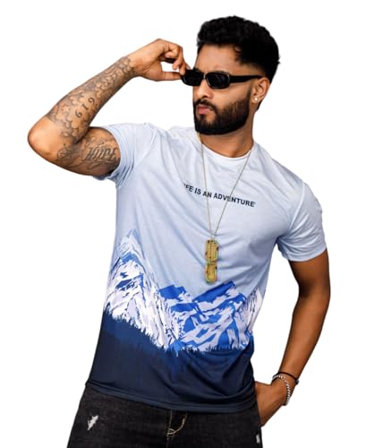 Image of WANDERLOOMS Men Tshirt Front & Back Graphic Printed Full Print Tshirt for Men Round Neck Half Sleeve T-Shirt Blue