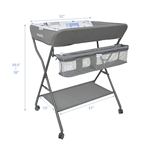 Baby Changing Table With Wheels, Maydolly Portable Adjustable Height Folding Diaper Station With Nursery Organizer & Storage Rack For Newborn Baby And Infant, Grey Pattern #TOP6