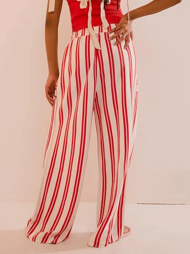 CHARTOU Women's Drawstring High Waisted Striped Palazzo Pants Wide Leg Casual Lounge Beach Pant Trousers2