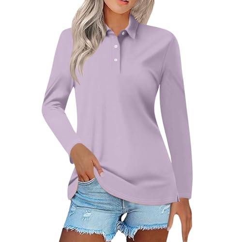 Blusas casuales de negocios para mujer Camisas de manga larga Polo de ajuste delgado con cuello para mujer Camisas de trabajo para mujer Blusas de golf para mujer, morado claro, S