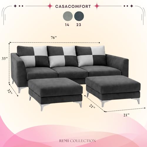 Image of Romeo 5 Seater L Shape Sofa Set with 2 Movable Ottomans | Flexible Layout | Rich Velvet Suede Fabric | Silver Legs | Modern Sofa for Living Room (Dark Grey)