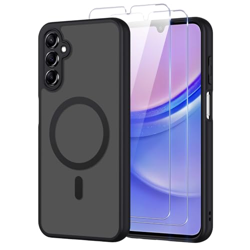 Pnakqil Magnetisch für Samsung Galaxy A15 5G/4G Hülle für Magsafe Matt Transluzente Handyhülle für Samsung Galaxy A15 mit 2 Panzer Schutz Glas PC Härte Kratzfest Matte Dünn Magnetische Case Schwarz