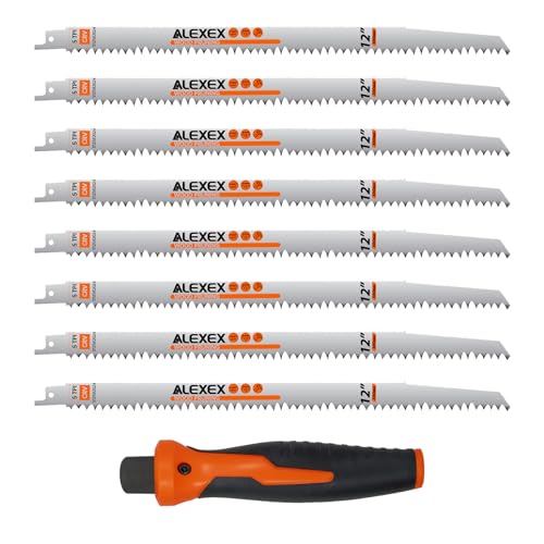 Image of 8 Pack 12 Inch 5 Tpi Wood Pruning Reciprocating Saw Blades for Tree Trimming and Wet Wood Cutting, Cr-V Sawzall Blades with Fleam-Ground Teeth for Longer Life and Faster Cutting Speed, 1 x Handle