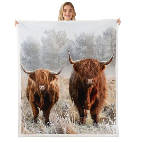 Image of Highland Cattle Pattern Throw Blanket Highland Cow Blanket for Kids Boys Girls Farmhouse Cow Landscape Blanket for Chair Office Room,Throw (50 x 60 Inches)