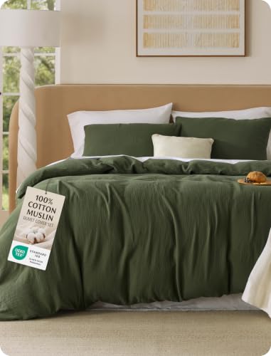 Image of Bedsure 100% Muslin Cotton Duvet Cover Queen Size - Ultra-Soft Gauze Duvet Cover, PureWoven Breathable & Lightweight Bedding Set with Zipper Closure and Corner Ties (Olive Green, Queen, 90 inchx90 inch)