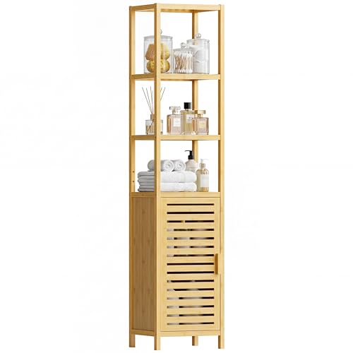 HITNET Meuble Colonne Salle de Bain, Armoire Bambou Salle de Bain Haute avec Étagères Amovible et Compartiments Ouverts, pour Les Petits Espaces, Naturel