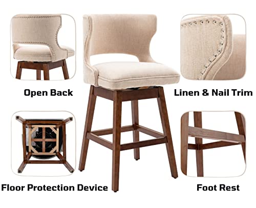 Shunzhi Wood Counter Stools Set Of 4 Linen 26 Inches Bar Stools Farmhouse Counter Height 360 Degree Swivel With Back Modern Upholstered Dining Stools For Kitchen Island/Home Bar/Pub/Dining Room, Beige #TOP3
