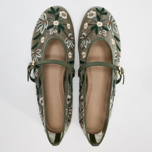 Women's Mesh Flat Mary Janes Embroidered Floral Buckled Strap Flats Casual Comfortable Round Toe Ballerina Shoes3