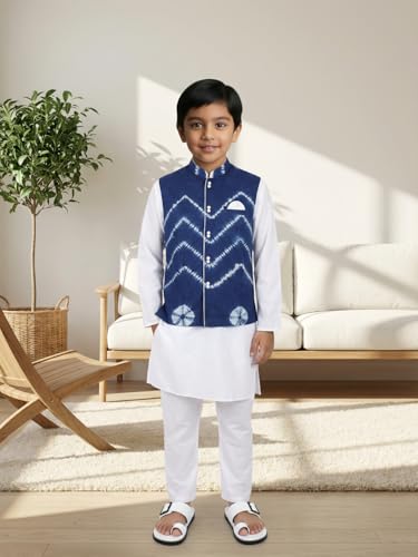 Image of Pspeaches Boys Ethnic White Cotton Full Sleeve Mandarin Collar Solid Kurta & Pyjamas 2 Piece Set