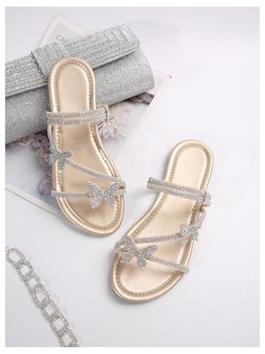 GORGLITTER Women's Butterfly Sandals Dressy Cute Strappy Glitter Rhinestone Open Toe Slides Wedding Bridal Flats Sandal3