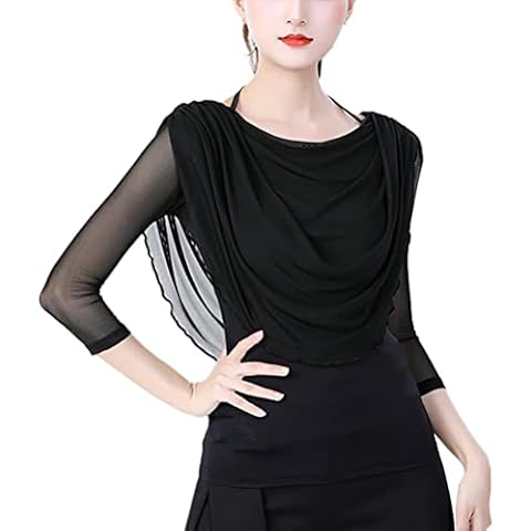 3/4 Mesh Sleeve Dance Competition Tee Shirts Tops Cowl Halter Neck with/Straps Black Cover