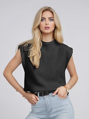Image of Womens Sleeveless Sweater Vest Mock Neck Tank Tops Casual Cap Sleeve Knit Pullover Summer Clothes