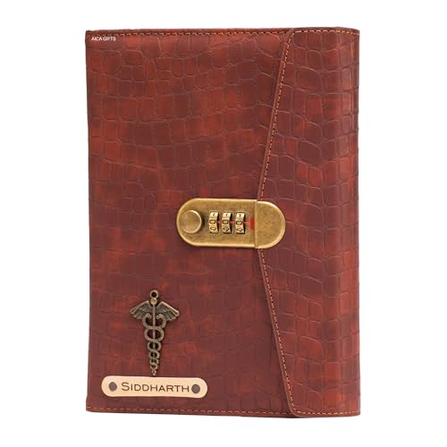 Image of AICA Personalized Name & Charm Leather Lock (Tan Brown) Diary � A5 Size 230 Pages with Combination Lock for Men & Women | Customized Planner Diary Office Birthday Gift Items for Women Girl