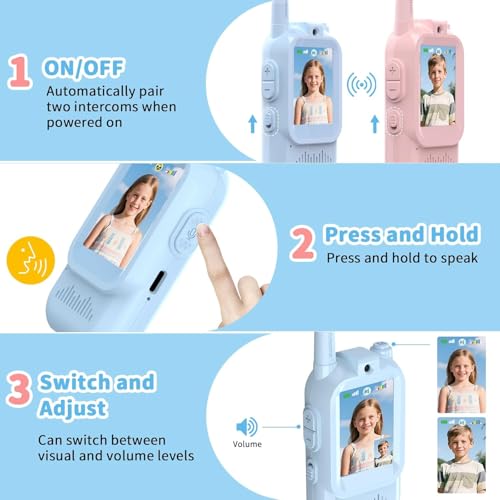 Image of BlueFire Kids Walkie Talkies with Video - Screen Display Toy Radios with Voice Effects, One-on-One Pairing, Long Range - Birthday Toys Gifts for Boys & Girls Ages 3-12 (Pink+Blue)