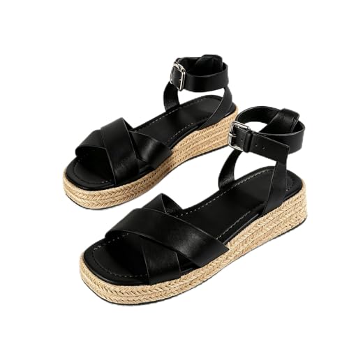 Image of LUNATECH Women's Summer Wedge Sandals Womens Sandals Open Toe Ladies Espadrille Sandals Casual Sandals Buckle Sandals For Women (BLACK, Adult, Women, 5, Numeric, UK Footwear Size System, Medium)