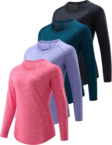 La mejor comparación de Ropa de Balonmano americano del mes. 45 Paquete de 4: camisetas atléticas de manga larga para mujer con agujeros para el pulgar, ajuste seco, cuello redondo activo, Verde azulado/rosa/lavanda/negro, Small