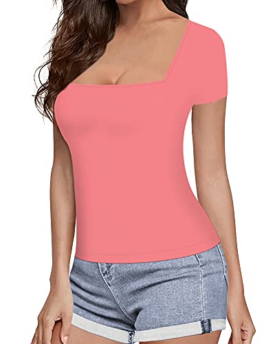 Image of MANGOPOP Womens Short Sleeve /Long Sleeve Square Neck T Shirts Tops Tees (Short Sleeve Pink, X-Large)