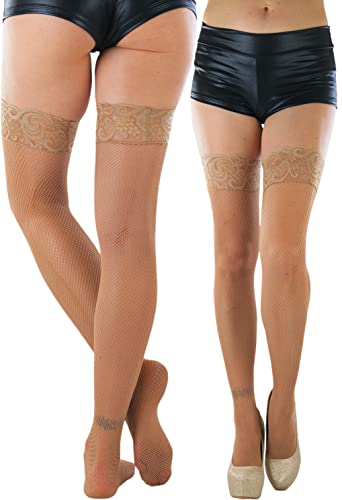 Image of ToBeInStyle Women's Wide Floral Lace Fishnet Thigh Hi Stockings