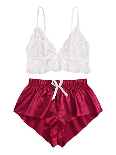 SweatyRocks Women's 2 Piece Lingerie Set Lace Cami Top with Shorts with Panties Sexy Pajama Set (Medium, Z#White Red)