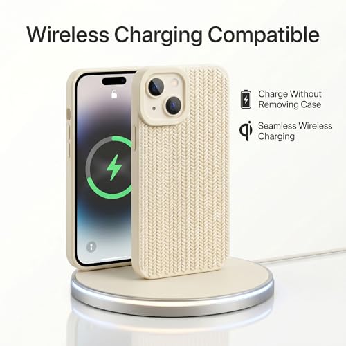 Image of amazon basics Luxury 3D Knitted Texture Soft Silicone Back Cover for iPhone 14 | Slim Fit Shockproof Case with Camera Protection & Non-Slip Grip - Cream