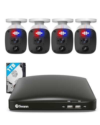 SWANN 4 Camera 8 Channel 4K Ultra HD Security Camera System, DVR Security System with 1TB HDD, Wired Surveillance Cameras, Color Night Vision, Two-Way Audio, Spotlight, Siren, True Detect