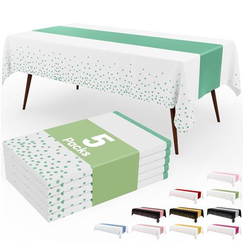 Image of Smiry Plastic Table Cloth Disposable 5 Pack, 54 x 108 Inch Rectangle Waterproof Tablecloth, Printed Gold Table Runner Style for Birthday Weeding, Party Decorations, Leakproof & Sturdy, White and Teal