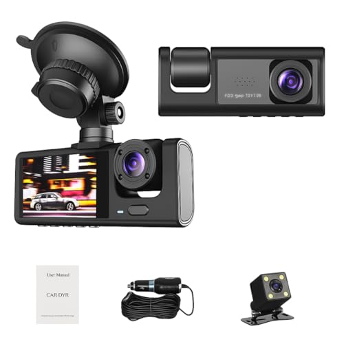 Câmera Veicular Full HD 1080p com 3 Câmeras (Frontal+Interna+Traseira) | LCD 4' | Visão Noturna, Sensor de Colisão, Detecção de Movimento, Estacionamento e Suporte Micro SD