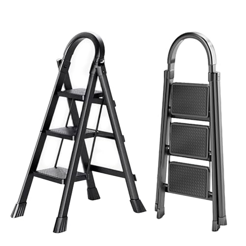 K IKIDO Escalera plegable con pasamanos, 3 peldaños, antideslizante, fácil de almacenar, escalones anchos, adecuada para cocina, hogar y vivienda, capacidad de carga de hasta 150 kg (negro, 3 peldaños