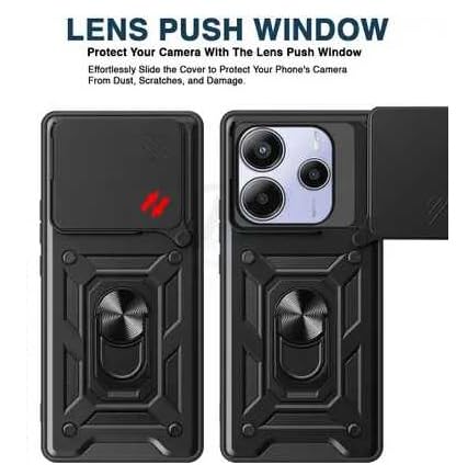 Image of SPAZY CASE Redmi Note 14 SE 5G Back Cover | Heavy Duty Hybrid Case with 360 Degree Rotating Finger Ring Holder + Slider Shutter Camera Protection Case for Redmi Note 14 SE 5G - Black