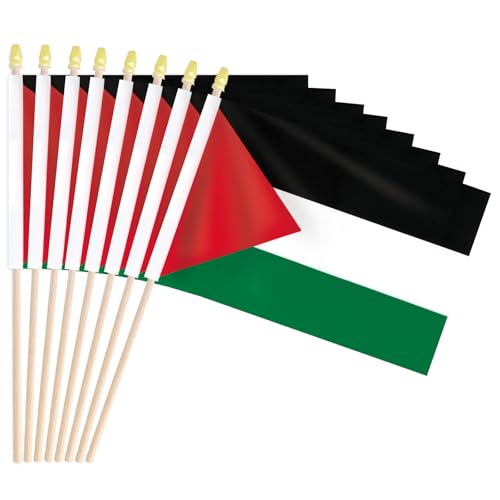 Pack of 20 Handheld Palestinian Flags 5x8 Inch Small Palestine Flag on Wood Sticks with Gold Spear Top Mini Palestinian Flags for Parades Decorations Cultural Events National Celebrations