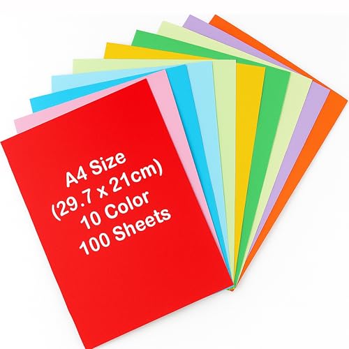 A4 Colored Cardstock Craft Paper 100 Sheets 10 Assorted Colors 80 GSM Thick Color Paper for Drawing Origami Scrapbooking & DIY Arts (29.7 21 cm)