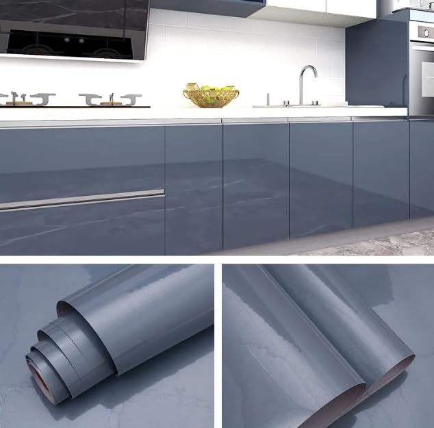 AMAZBIRD Contact Paper Shiny Countertop for Cabinets Glossy Colored Wall Paper Furniture Self Adhesive Kitchen Wallpaper Drawer Liner Waterproof Easy to Clean (2Feet' X 8.3Feet', Dark Gry Vinyl)