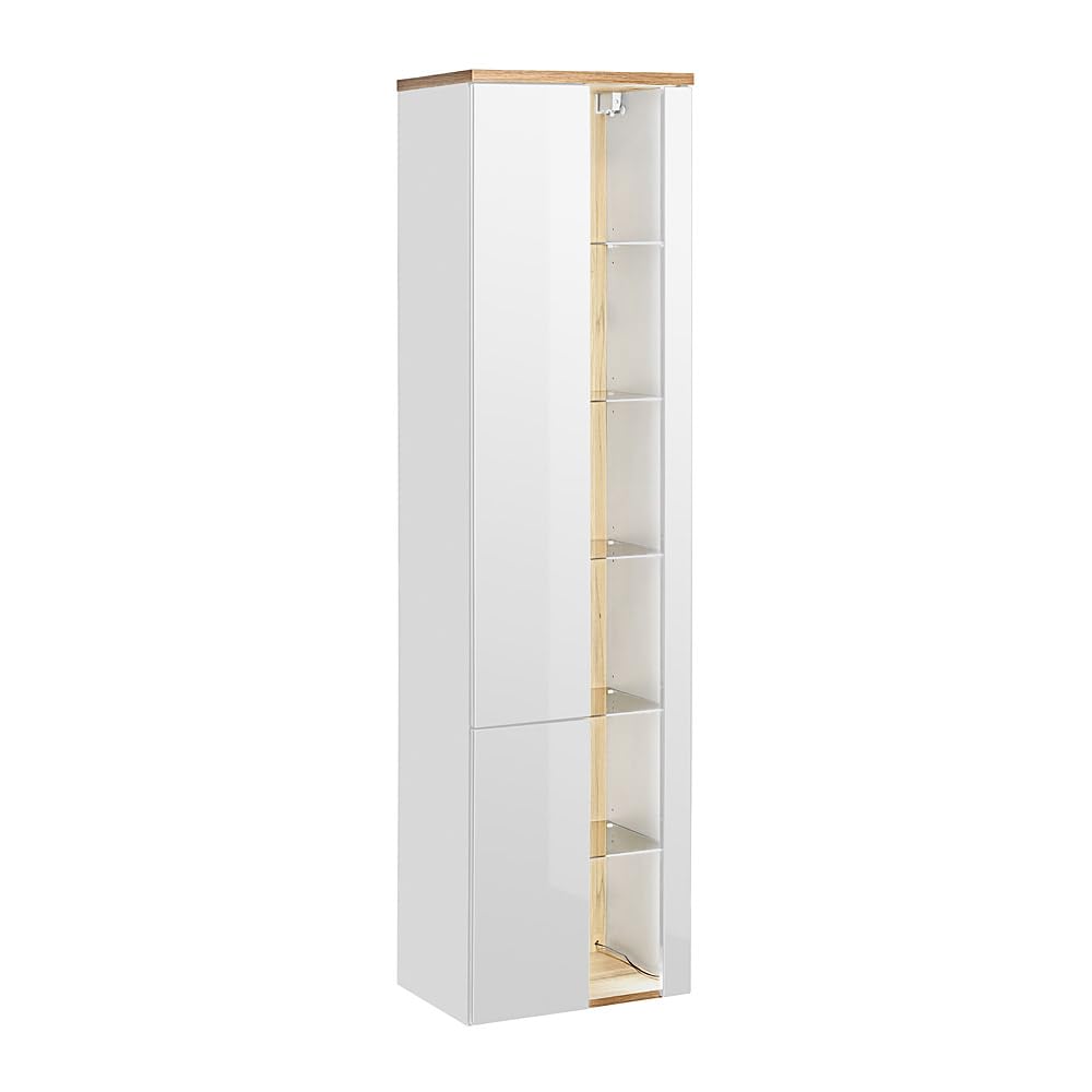 Lomadox Badezimmermöbel Badmöbel Set, 80cm Unterschrank mit Keramik Waschbecken, Hochglanz weiß mit Wotaneiche, 2 Hochschränke und LED-Spiegelschrank