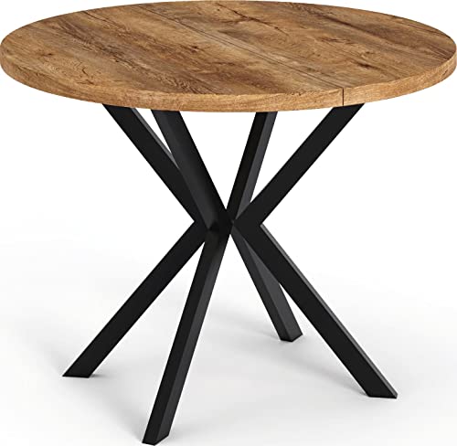WFL GROUP Runder Ausziehbarer Esstisch - Loft Style Tisch mit Metallbeinen - 90 bis 170 cm - Industrieller Quadratischer Tisch für Wohnzimmer - Spacesaver - Eiche Lefkas - 90 cm Cover