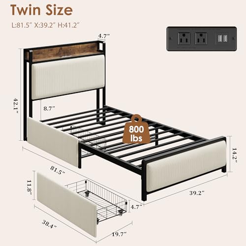 Image of GAOMON Twin Size Bed Frame with 2 Storage Drawers and Charging Station, Rustic Velvet Upholstered Platform Bedframe with Storage Headboard, No Box Spring Needed, Easy Assembly, Noise Free, Beige