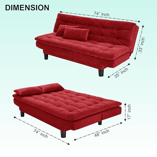 Image of Modern 3 Seater Sofa Cum Bed with Cushions, Foldable Convertible Couch, Velvet Fabric Sleeper Sofa for Living Room, Guest Room, Red