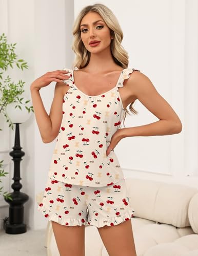 Image of Ekouaer Pajama for Women Set 2 Piece Ruffle Cami Top and Shorts Pjs