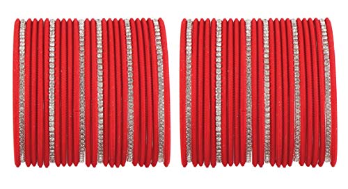 ZULKA Non-Precious Metal Base Metal with Zircon Gemstone Studded worked and Cutting Shaped Glossy Finished Bangle Set For Women and Girls, (Red1_2.2 Inches), Pack Of 52 Bangle Set Deal