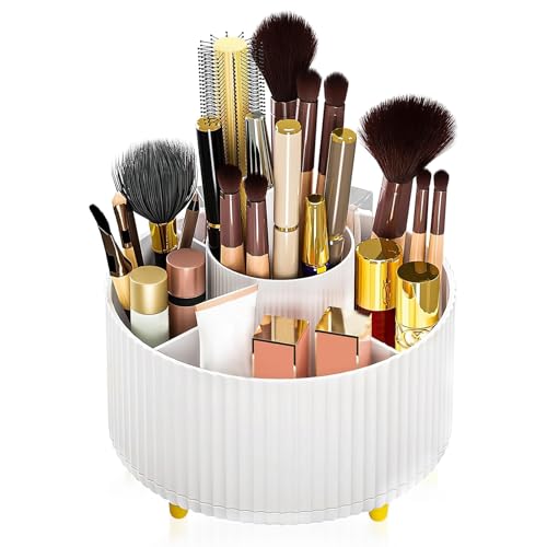 Miiepls Kosmetik Make Up Organizer, 360°Drehbarer Pinsel Organizer, Lidschattenpinsel Lippenstift Etui, Aufbewahrung Kosmetik Organizers für Zimmer Decor Frisiertisch, Schlafzimmer, Bad (weiß)