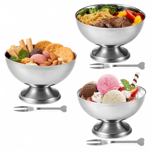 Image of DOITOOL Stainless Steel Dessert Cups, 3-Pack Ice Cream Bowls with Forks, 6.8 Oz Round Short-Footed Serving Cups, Hot Cold Food Container for Fruits Dish Salad Snack Yogurt Appetizer (Silver)
