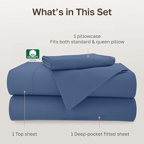 Image of California Design Den 500TC 100% Cotton Twin Sheets Set, Denim Blue | Good Housekeeping Seal, OEKO-TEX Certified, Silky-Soft Sateen Weave, 3pc Set, 15 inch Deep Pockets, For Hot Sleepers, All-Season